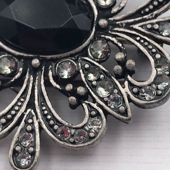 Brooch Art Deco Art Nouveau Silver-tone Black Center Marcasite 2-3/4" x 2-5/8" - Picture 2 of 5